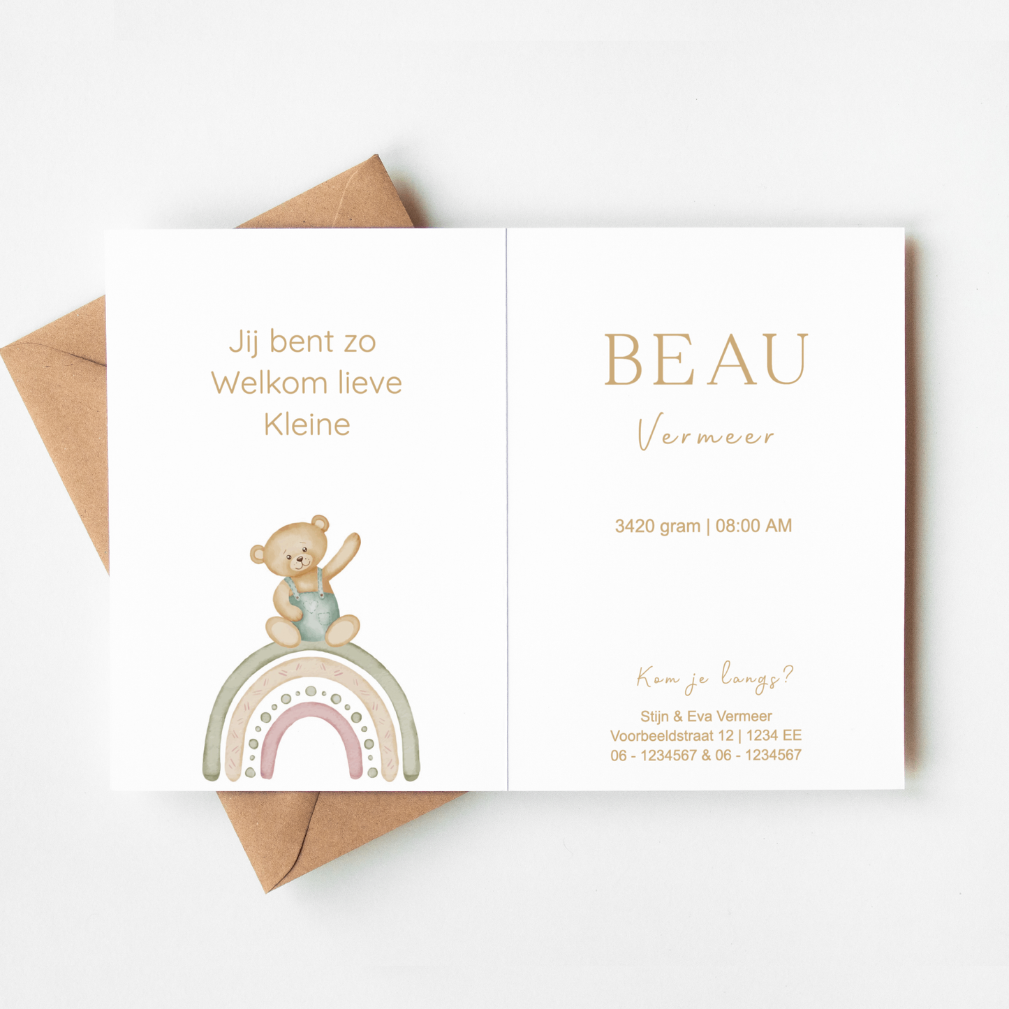 Geboortekaartje Jongen Blauw Gestreept | Waterverf Beertje