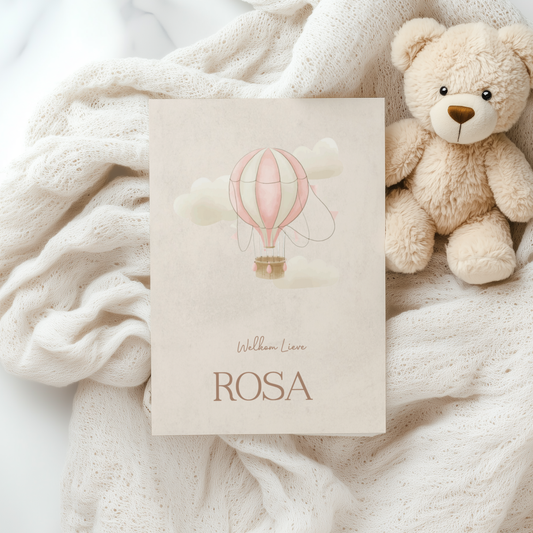 Geboortekaartje Meisje Luchtballon | Waterverf Roze