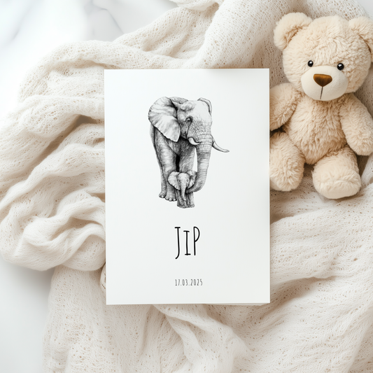 Geboortekaartje Olifant met kalf | Minimalistisch Zwart Wit Schets