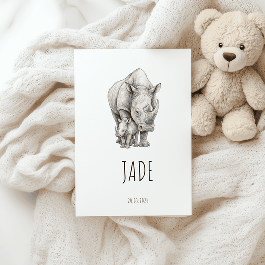 Geboortekaartje Neushoorn | Minimalistisch Zwart Wit Schets