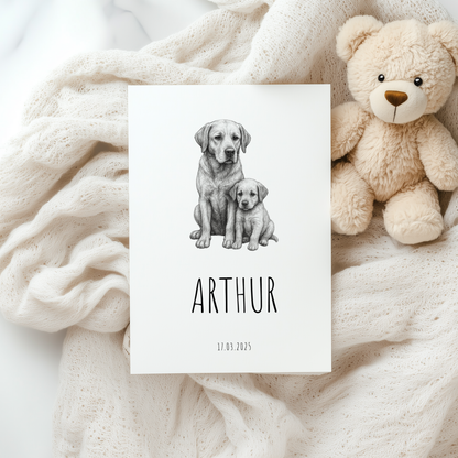 Geboortekaartje Jongen Hond | Minimalistisch Zwart Wit Schets