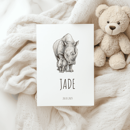 Geboortekaartje Neushoorn | Minimalistisch Zwart Wit Schets