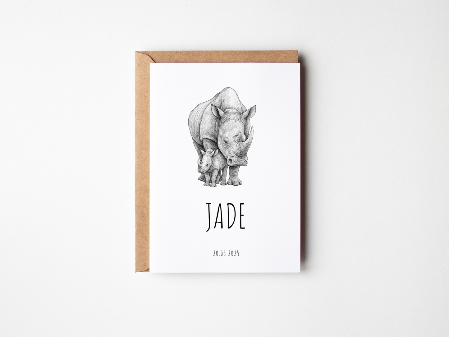 Geboortekaartje Neushoorn | Minimalistisch Zwart Wit Schets